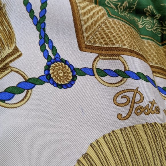 Auth Hermès Gold Poste et Cavalerie Silk Scarf 90 cm by Joachim Metz - Picture 10 of 10